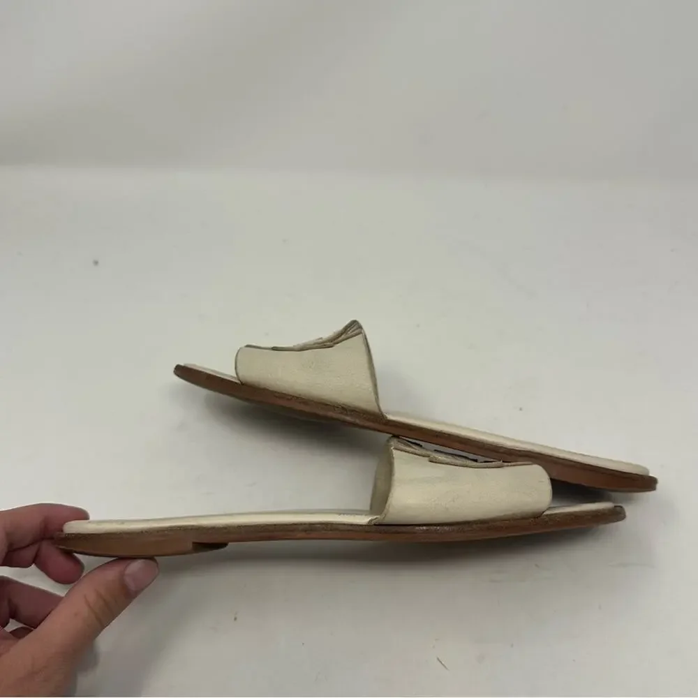 Tory Burch Ines Creme White Leather Slide Sandals Size 7.5 Logo